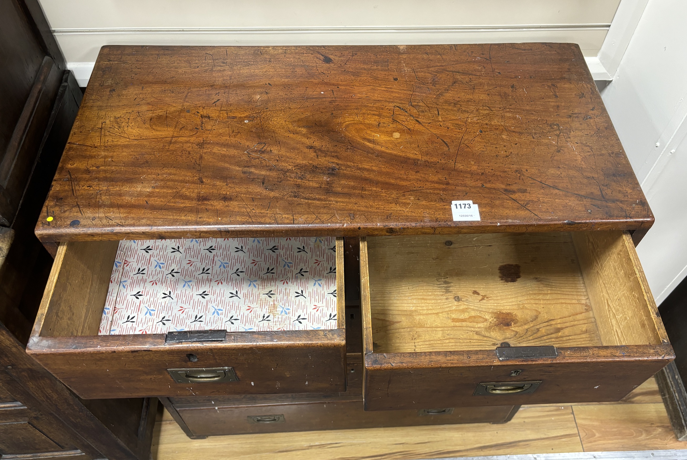 A 19th century mahogany two part military chest, width 91cm, depth 44cm, height 93cm